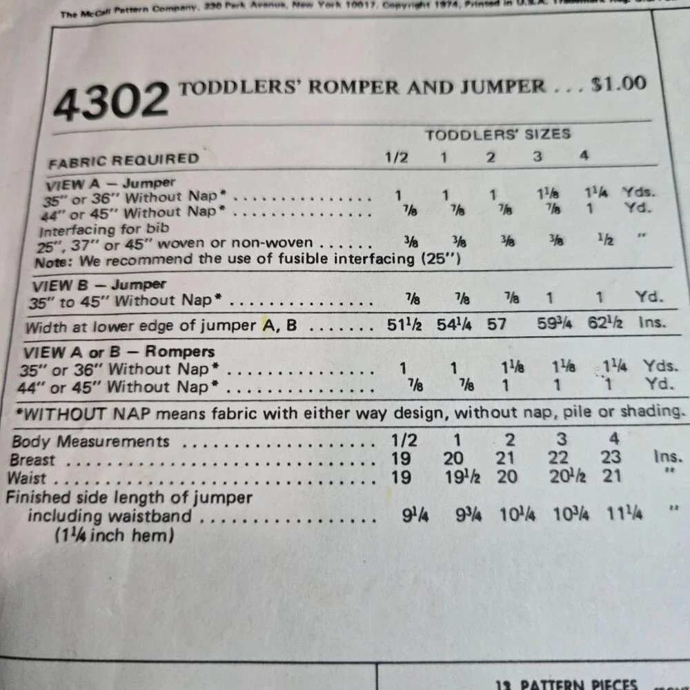 McCall's 4302 Toddlers Romper and jumper sewing pattern Size 2 Uncut 1974